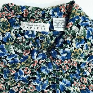 Vintage X SMALL Express Blouse Y2K 1009s Bold Green Blue Floral Shirt